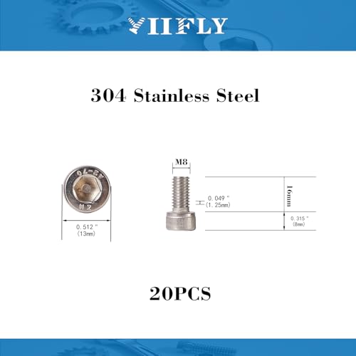 M8x1.25 x 16mm Socket Head Cap Screws Metric, 304 Stainless Steel (A2-70), Allen Socket Drive, Bright Finish, Full Machine Thread, Quantity 20 - size: M8 x 16mm(20PCS)