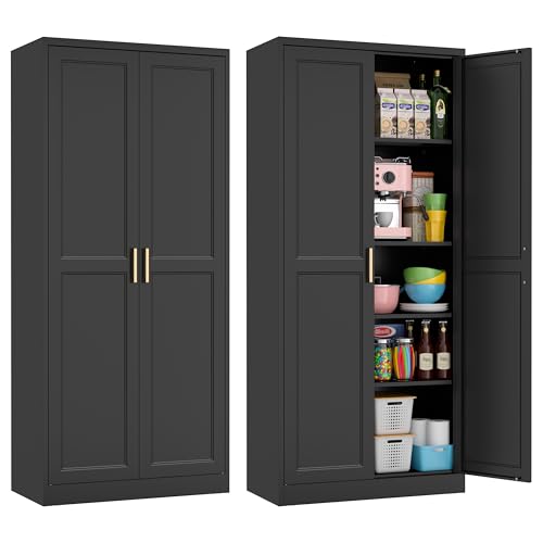 71" Tall Metal Kitchen Pantry Cabinet, Storage Cabinet with Doors - color: Black, size: 71"H-Square
