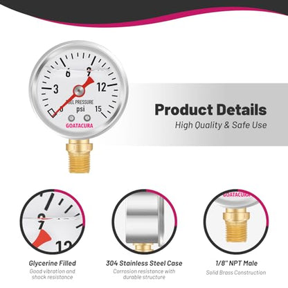0-15psi Glycerin Filled Fuel Pressure Gauge, 1-1/2" Dial Size, 304 Stainless Steel Case, 1/8" NPT Lower Mount, with High Accuracy, for Measuring Fuel Pressure… - size: 0-15psi, style: Lower Mount