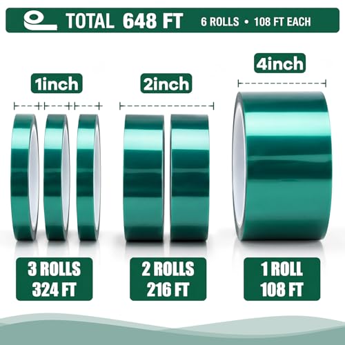 6 Pcs High Temp Tape 648 ft PET Heat Resistant, 1" 2" 4" - size: 1" 2" 4"