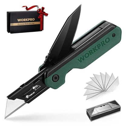 WORKPRO 2-in-1 Folding Knife/Utility Knife, Quick-Change Box Cutter with Belt Clip, Liner Lock, and G10 Handle, Extra 10 SK5 Blades Included, Green - color: Green G10