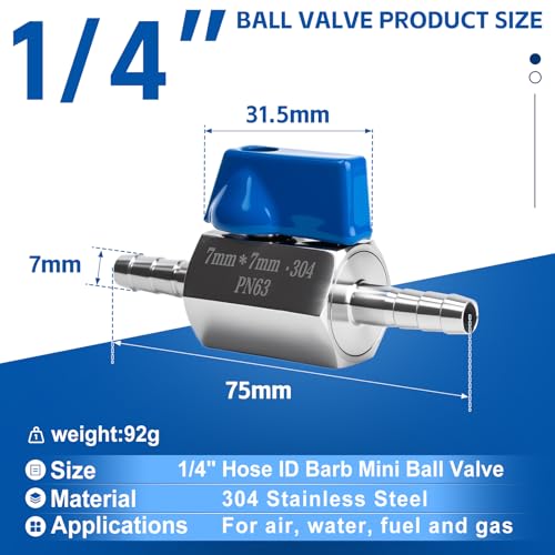 2 Pack 1/4" Hose ID Barb Mini Ball Valve, 304 Stainless Steel Small Shut Off Valve with Clamps Kit for Water Oil Gas (1/4 Inch) - size: 1/4 Inch