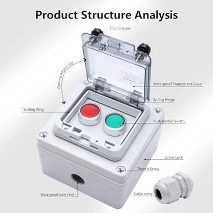 Button Box Green +Red Momentary Push Button Switch with Protective Cover IP67 Outdoor Waterproof Anti-misoperation Switch Button Switch Station Box