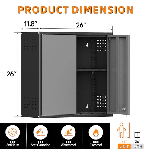 Garage Wall Cabinet with 2 Doors, Metal Wall Cabinet with Lock - color: Black Gray, size: 26''h wall cabinet