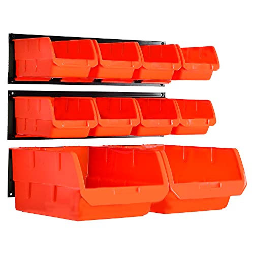 Wallmaster Wall Mounted Storage Bins, Wall Storage Bins Parts Rack 10 Bins&3 Rails Wall Mount Tool Organizer Hardware Storage Organizer (Orange) (Pack of 2) - color: Orange, size: 10Bins+3Rails (Pack of 2)