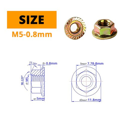 M5-0.8mm Anti-Loosening Serrated Hex Flange Lock Nuts (Yellow Zinc Plated, Full Thread) - 60 Pcs - size: M5-0.8mm (60PCS)
