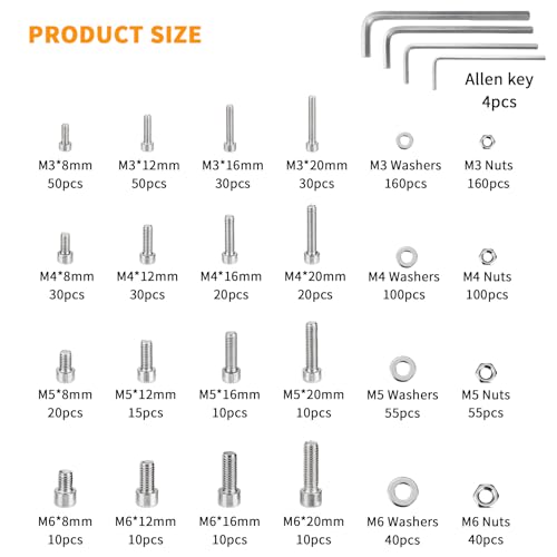 1065 Pcs M3 m4 m5 m6 Screws and Nuts, Hex Socket Head Cap Screws Nuts and Bolts Washers Kit, Stainless Steel Bolts and Nuts Kit, Metric Assorted Machine Screws Assortment Kit, Hex Bolt - size: M3M4M5M6