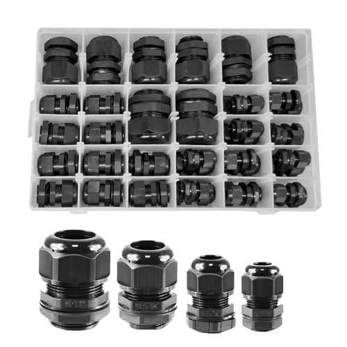 Cable Glands, 48PCS NPT Power Strain Relief Cord Connector Kit, Black PA Nylon Cord Grips, Adjustable IP68 Waterproof Cable Gland, for Electrical Box Wire (Kit 48PCS)