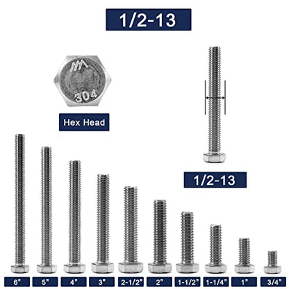 1/2-13 x 2-1/2" Hex Head Screw Bolt, 20Pcs 18-8 (304) Stainless Steel, Fully Threaded, Plain Finish, by SG TZH - size: 1/2-13 x 2-1/2"