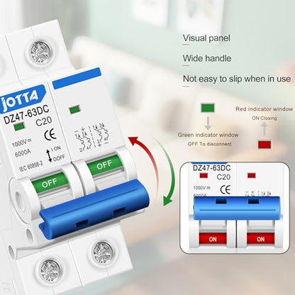 JOTTA DC Miniature Circuit Breaker,2 Poles 1000V for Solar PV System,Din Rail Installation (2 PCS 20A)