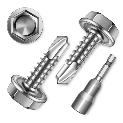 100Pcs #8 x 5/8" Sheet Metal Screws, 410 Stainless Steel Self Drilling Hex Washer Head Self Tapping Screws for Metal with Drill Bit - color: Silver, size: #8 x 5/8"