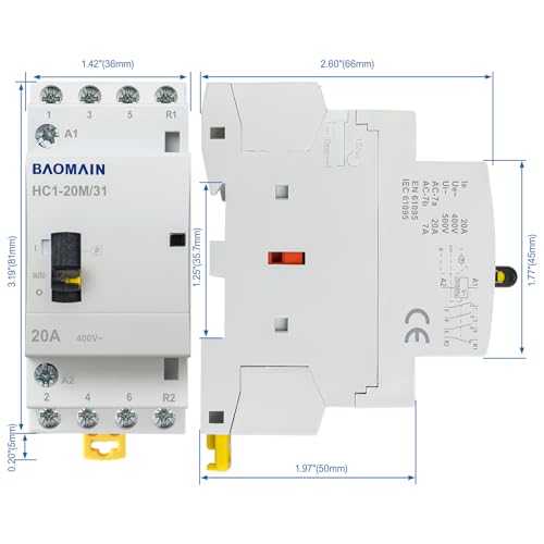 BAOMAIN 220V 4-Pole 20A Manual/Auto AC Contactor,3NO1NC,DIN Rail Mount