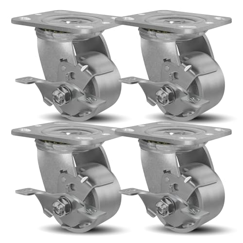 SY America 3" X 2" Cast Iron Caster Wheels,Set of 4 Heavy Duty Industrial Casters, Load Capacity 2800 lbs,Perfect Toolbox Caster Wheels-4 Brake - color: 4 Brake, size: 3" Wheel