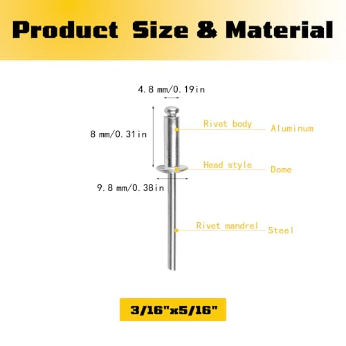 150 pack 3/16" x 5/16" Silver Pop blind Rivets, 4.8 mm x 8 mm pop rivets, Aluminum Body Steel Mandrel Rivets, Dome Head aluminum rivets (Choose Your Size) - size: 3/16" x 5/16"(4.8 mm x 8 mm)