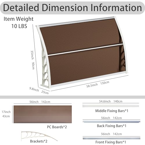 58.5x35 Inch Patio Window Awning Shade, Polycarbonate Door Entrance Canopy Cover Protection for Sunshine & Rain, Tea with White Edge - color: White + Tea