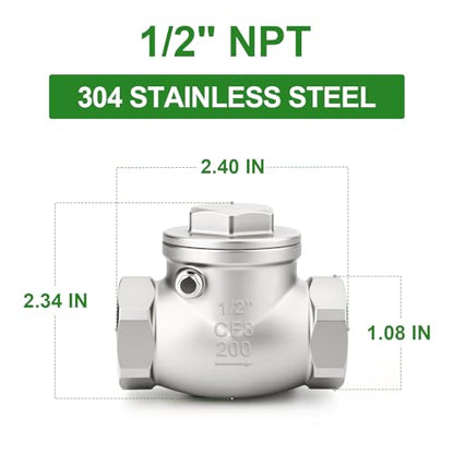 TAISHER 1PCS 304 Stainless Steel 1/2" NPT Female Swing Check Valve，Backflow Prevention, One Way Check Valve CF8 WOG 1000 - size: 1/2" NPT