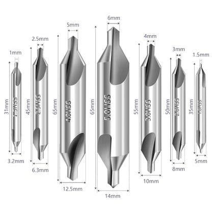 Center Drill Bit Set - M2 High Speed Steel Center Drill, 7pcs 60-Degree Angle Centering Drill Bits Countersink Tools for Lathe Metalworking in Size 1.0 1.5 2.0 2.5 3.0 4.0 5.0