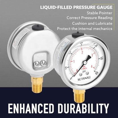 0-60 Psi Low Pressure Gauge, Liquid Filled, 1/4" NPT Lower Mount - size: 0-60 Psi, style: Lower Mount