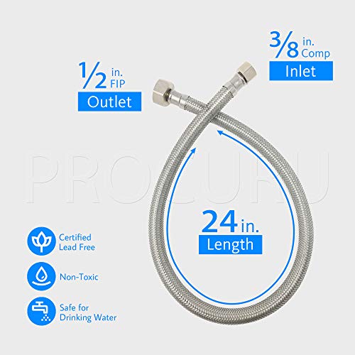 [2-Pack] PROCURU 24-Inch (2Ft) x 3/8" Comp x 1/2" FIP Faucet Hose Connector, Braided Stainless Steel Supply Line, Certified Safe (9SF24-2P) - size: 24 Inch