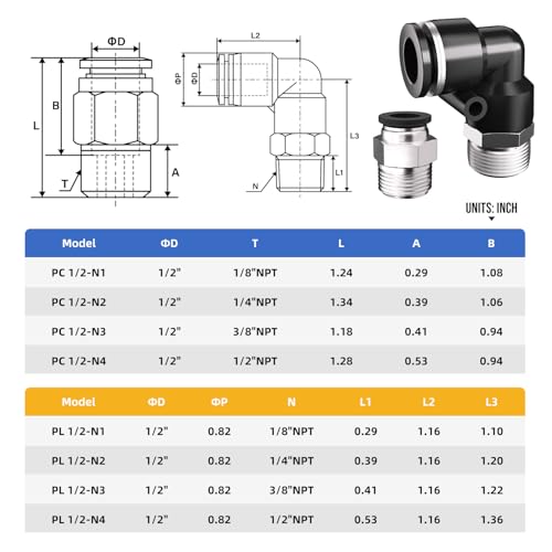 12PCS Pneumatic Elbow and Straight Combination 1/2 Inch Tube OD x 1/2 Inch NPT Thread Push to Connect Fittings