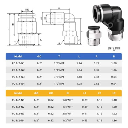 12PCS Pneumatic Elbow and Straight Combination 1/2 Inch Tube OD x 1/2 Inch NPT Thread Push to Connect Fittings