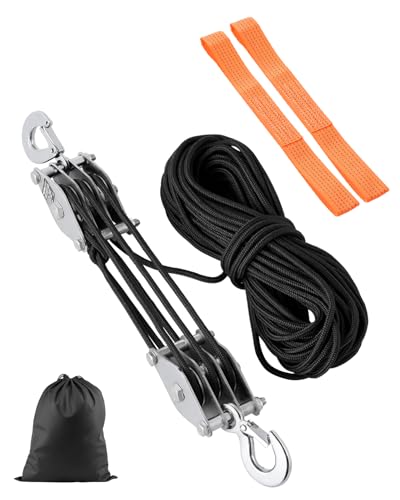 VEVOR 4400 lbs Breaking Strength 100 FT Rope Pulley Hoist, 5:1 Lifting Power Heavy Duty Pulley System with 2pcs Soft Loops, Metal Wheels Bearing Structure, Block and Tackle for Lifting Heavy Objects - size: 0.23" x 100'