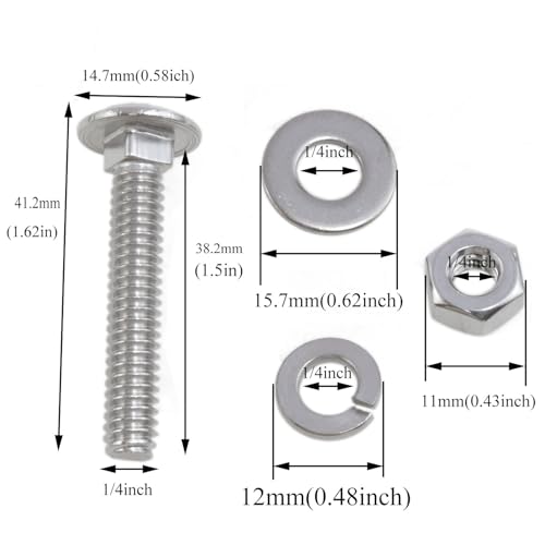 Stainless Steel 18-8 Full Thread Coverage 1/4-20 x1-1/2 Carriage Bolts and Nuts Kit Square Bolt T Slot Bolts Head Bolts Header Bolts Hexagon Nut Spring Washer and Flat Washer Silver 10 Set