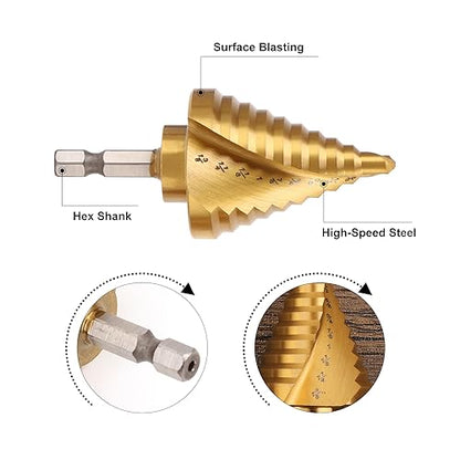 COMOWARE 10 Sizes HSS Titanium-Coated Step Drill Bit, 1/4" to 1-3/8", Two-Spiral Flute Step Bit for Metal, Stainless Steel, Wood & Plastic, with 1/4" Hex Shank - style: 1Pc Titanium - Hex Shank