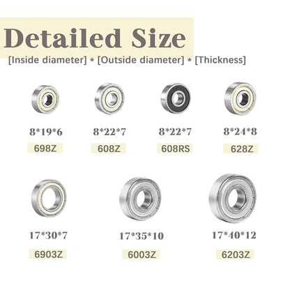 Dianrui 608RS/ 608ZZ/ 698ZZ/ 628ZZ/ 6903ZZ/ 6003ZZ/ 6203ZZ - 44 PCS Ball Bearings Assortment Kit, Carbon Steel Deep Groove Bearing for Furniture Wheel, Roller Skates, 3D Printing and ect—7 Size - size: 608RS/ 608ZZ/ 698ZZ/ 628ZZ/ 6903ZZ/ 6003ZZ/ 6203ZZ