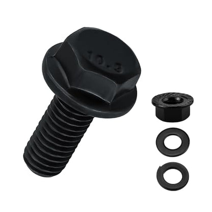 20-Sets M6-1.0 x 12mm Grade 10.9 Flange Hex Bolts + Flange Nut + Flat Washer + Lock Washer Combo Pack, Black Oxide, for Automotive & Machinery - size: M6-1.0 x 12mm