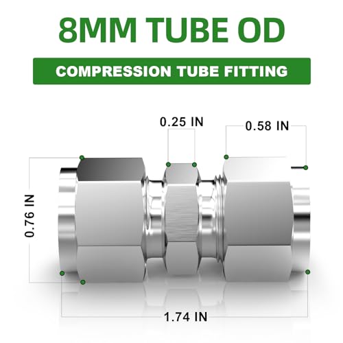 TAISHER 2PCS 304 Stainless Steel Compression Tube Pipe Fitting Connector, 8MM Tube OD x 8MM Tube OD Straight Adapter - size: 8-MM OD