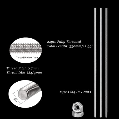 Set of 48 Lobergel 8/32 Inch M4 Threaded Rods and Studs, Include 24pcs 12.99" Fully Threaded Rods 24pcs Stainless Steel Hex Nuts, Right Hand Thread Bar for Clamps Hangers Beaded Garden Stakes - color: Tatal 48pcs