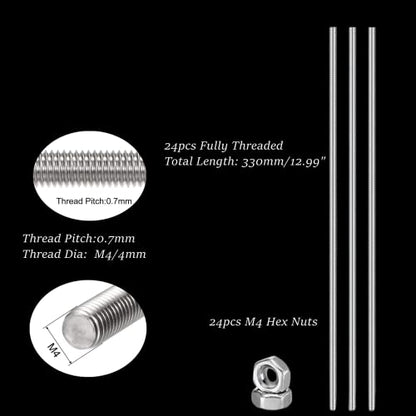 Set of 48 Lobergel 8/32 Inch M4 Threaded Rods and Studs, Include 24pcs 12.99" Fully Threaded Rods 24pcs Stainless Steel Hex Nuts, Right Hand Thread Bar for Clamps Hangers Beaded Garden Stakes - color: Tatal 48pcs