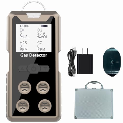 Aluminum Alloy Portable 4 Gas Detector, 4 in 1 Multi Gas Monitor Tester，H2S,O2,CO and EX Rechargeable LCD Display Gas Sniffer Alarm，Gas Clip Sound Light Shock Alarm (Grey) - color: Grey