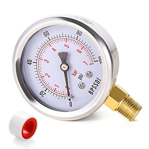 0-100 Psi Low Pressure Gauge, 2.5" Dial Size, 1/4" NPT Lower Mount, 304 Stainless Steel Case, Water Pressure Gauge Test for Water Pump, Pneumatic Air, RV Hose(with Tape) - size: 0-100 psi, style: Lower Mount