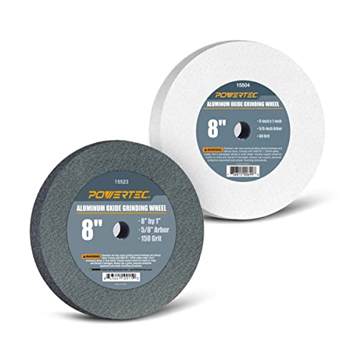 POWERTEC Bench Grinder Wheel 8 Inch 60 & 150 Grit, White Aluminum Oxide Grinding Wheel for Bench and Pedestal Grinder, 1" Thick 5/8" Arbor, Sharpening & Shaping Drill Bits, Blade, Chisel, 2PK (15528) - size: 60+150 Grit, 2PK, style: 8" Grinding Wheels