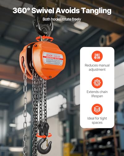VEVOR Hand Chain Hoist, 3 Ton 6600 lbs Capacity, Manual Chain Block with Upgrade G80 Galvanized Chain, 10 ft Lifting Height, Heavy Duty Pulley Hoist for Garage Warehouse Automotive Machinery, Orange - size: 3T 10FT