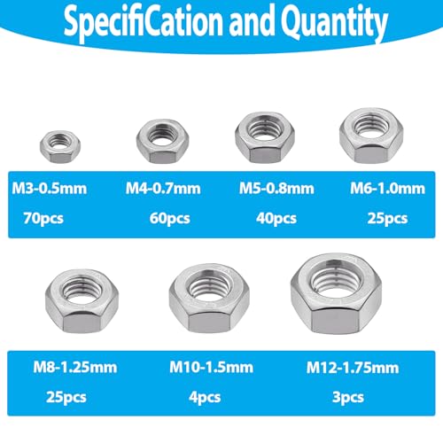 227pcs Metric Hex Nuts Assortment Kit,M3 M4 M5 M6 M8 M10 M12 304 Stainless Steel 18-8 External Hex nut Set Hex Machine Screw Nut Hardware Nuts - size: Metric Kit(M3 M4 M5 M6 M8 M10 M12)