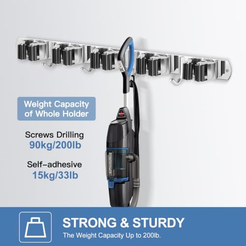 IMILLET 2 Pack Broom Holder Wall Mount Stainless Steel Mop Organizer - color: Stainless Steel - 5 Racks with 4 Hooks, size: 2 Pack