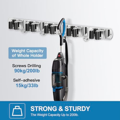 IMILLET 2 Pack Broom Holder Wall Mount Stainless Steel Mop Organizer - color: Stainless Steel - 5 Racks with 4 Hooks, size: 2 Pack