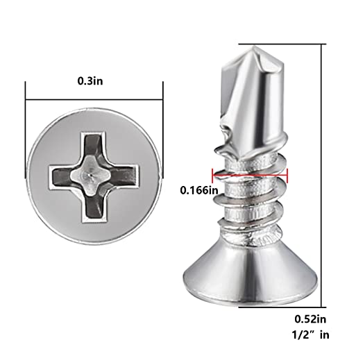 Wensilon（600pcs）#8×1/2”for Sheet Metal Self-Tapping Screws 410 Stainless Steel Flat Head High-Strength Quick self-Drilling Screws - color: Silver, size: #8X1/2"