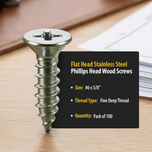 BCP Fasteners #6 x 5/8" Stainless Steel Flat Head Wood Screws, 100 Pack - size: #6 x 5/8"