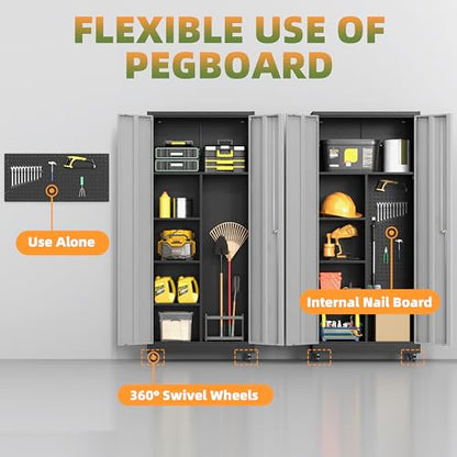 71''H Metal Garage Storage Cabinet with Wheels, Broom Cabinet with Lock - color: Black Gray, size: 71''h broom cabinet