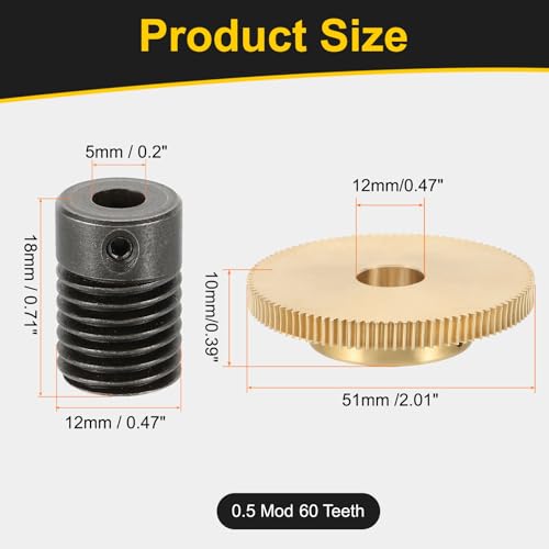 uxcell Worm Gear Set 100T 0.5 Module 100:1 Reduction Rate, Right Rotation Drive Gear Box Wheel Reduce Transmission Part (Brass Gear-12mm Bore, #45 Steel Rod 5mm Bore) - size: Gear-12mm, Rod-5mm Bore, style: 0.5M-100T