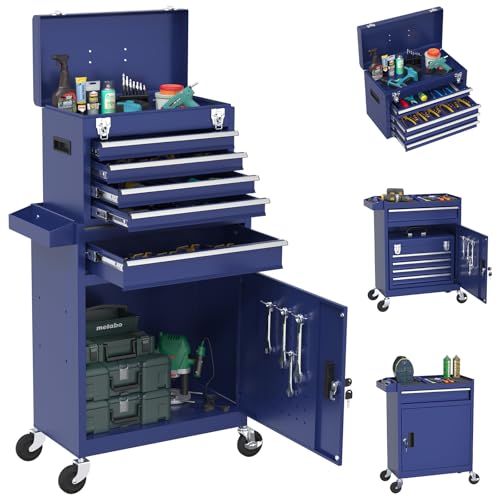 Rolling Tool Box with Wheels, 5-Drawer High Capacity Tool Chest with Wheels, Removable Storage Toolbox with Lock for Garage, Workshop (Blue) - color: Blue, size: 5-drawer