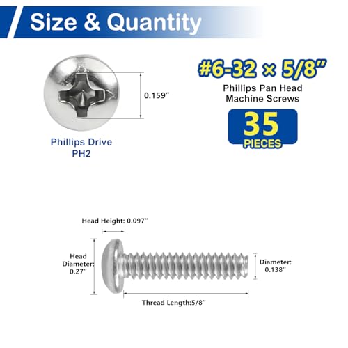 35 Sets #6-32 x 5/8" Pan Head Machine Screws Nuts Washers Assortment Kit - size: #6-32 x 5/8"