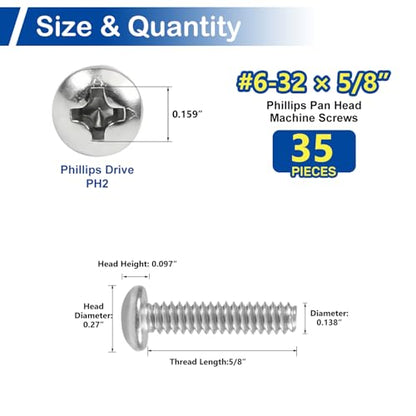 35 Sets #6-32 x 5/8" Pan Head Machine Screws Nuts Washers Assortment Kit - size: #6-32 x 5/8"