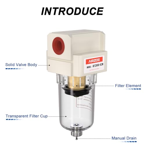 AIRZOE 1/4" NPT Compressed Air Filter AF2000-02M, Manual Drain,0-150psi - size: 1/4" NPT