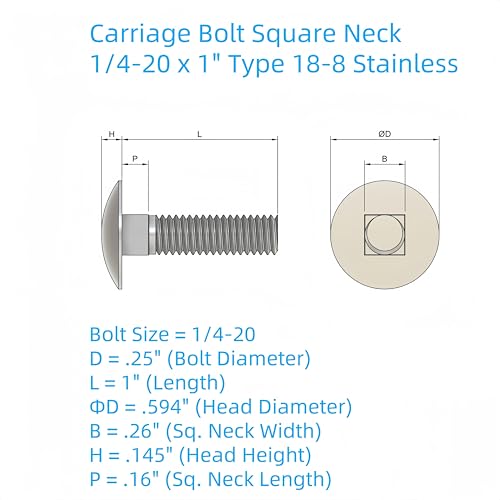 SANTIE 1/4"-20 x 1 Stainless Carriage Bolts, 50 Pieces - size: 1/4"-20 X 1" (50pc)