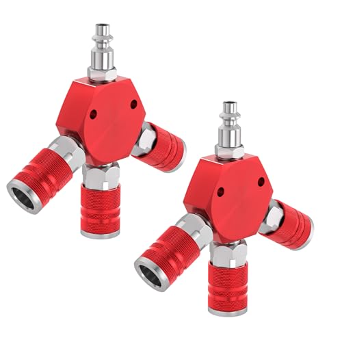 GASHER 1/4" basic body size Aluminum Hex Style 3-Way Air Manifold with 3 Pieces Steel Industrial Coupler and Plug, Air Compressor manifold Hose Accessories Quick Connect Fittings Air Splitter(2-Pack) - style: RED 2PCS